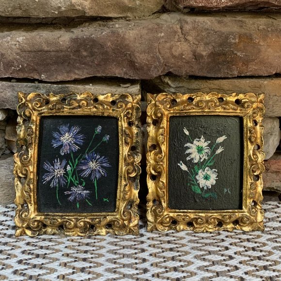 VTG 4 Floral Original Oil Paintings Gold Frames Black Philippa Connolly 1970 - Picture 14 of 16